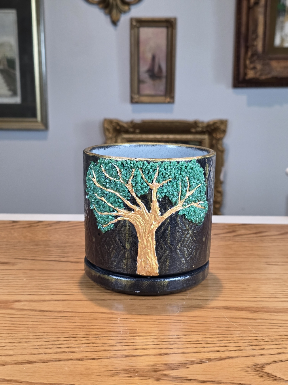 Handcrafted Black Gold Geometric Planter Pot - 5x5 Resin Detail Ceramic Saucer